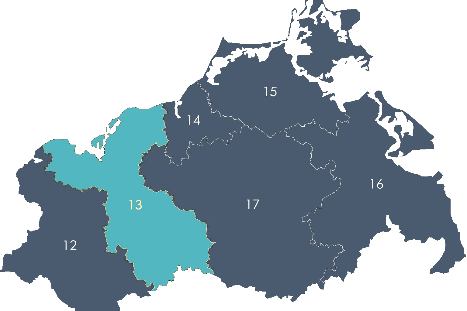 Wahlkreiskarte Mecklenburg-Vorpommern: Bundestagswahlkreis 13 (hervorgehoben in Türkis) umfasst Nordwestmecklenburg, Teile von Ludwigslust-Parchim und Landkreis Rostock